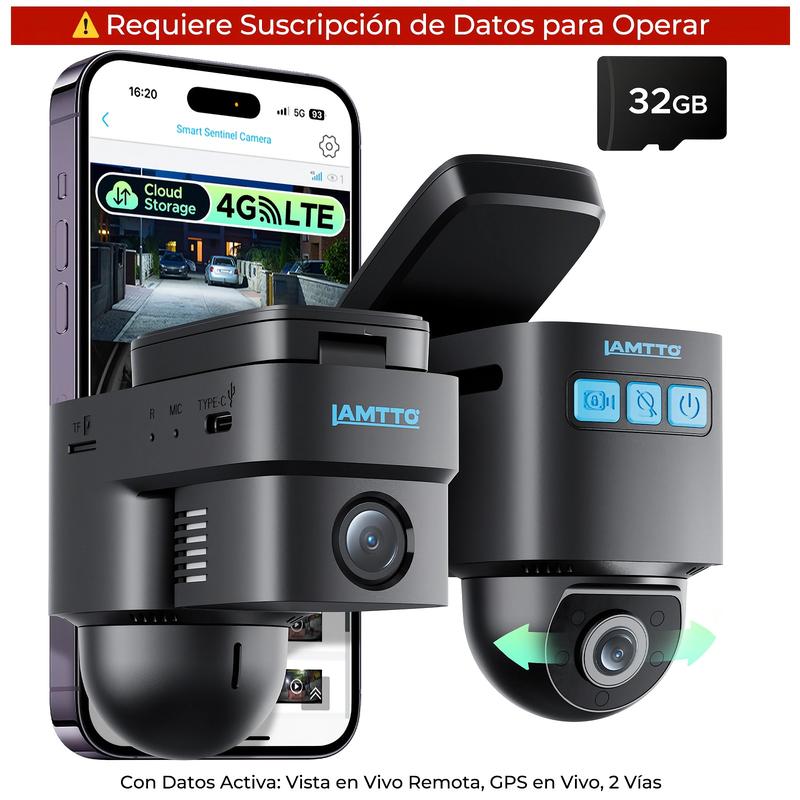 LAMTTO DC22 Cámara de Seguridad para Auto 4G LTE con SIM y GPS, Dashcam Doble 1080P, Monitoreo Remoto 24/7, Visión Nocturna, OBD2, MicroSD 32GB, 7 Días de Datos Gratis