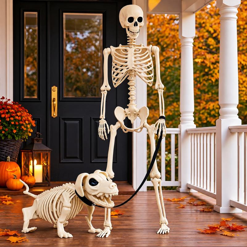 Esqueleto humano de tamaño real de 160cm con perro esqueleto para decoración de Halloween en jardín o casa