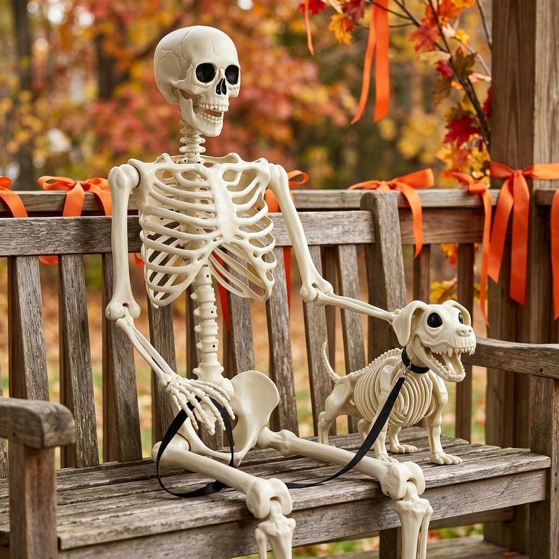 Esqueleto humano de tamaño real de 160cm con perro esqueleto para decoración de Halloween en jardín o casa
