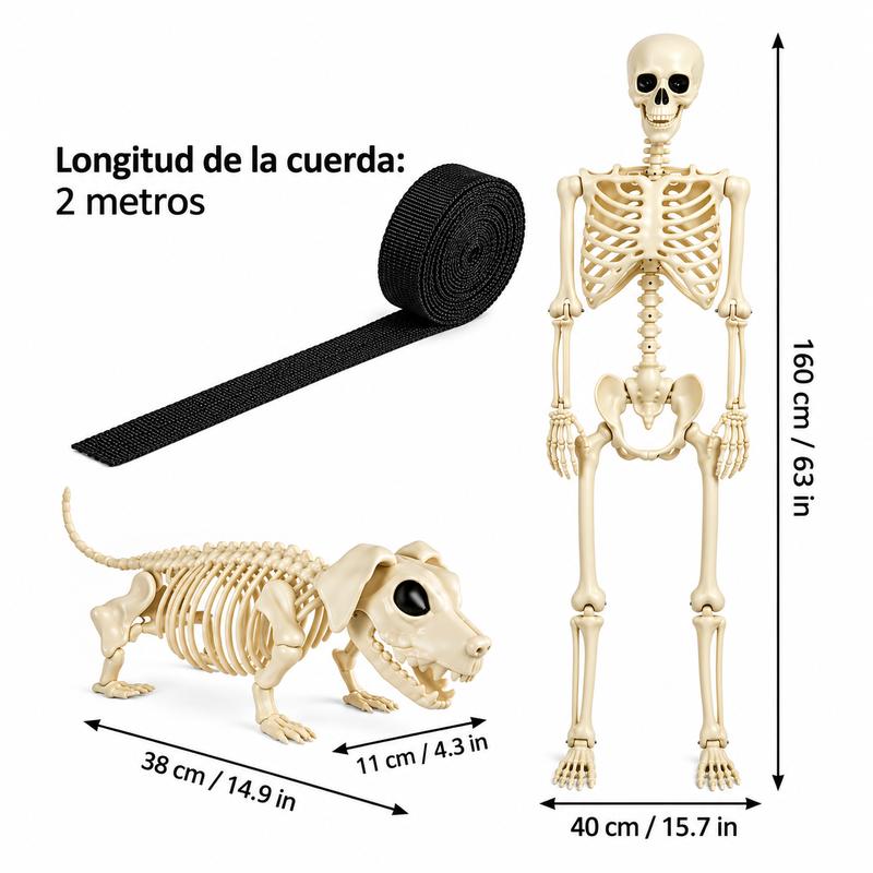 Esqueleto humano de tamaño real de 160cm con perro esqueleto para decoración de Halloween en jardín o casa
