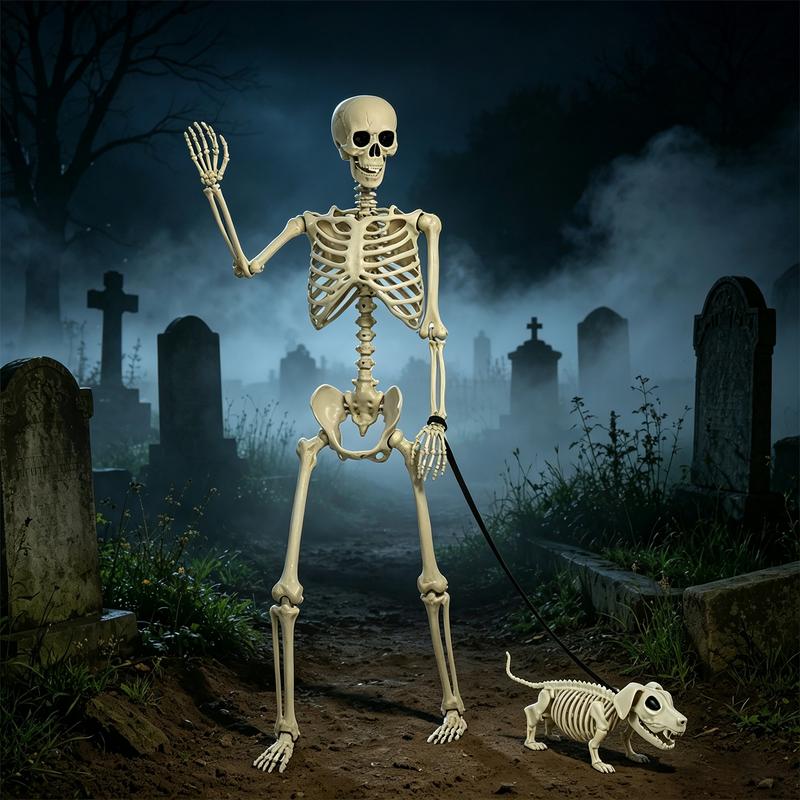 Esqueleto humano de tamaño real de 160cm con perro esqueleto para decoración de Halloween en jardín o casa