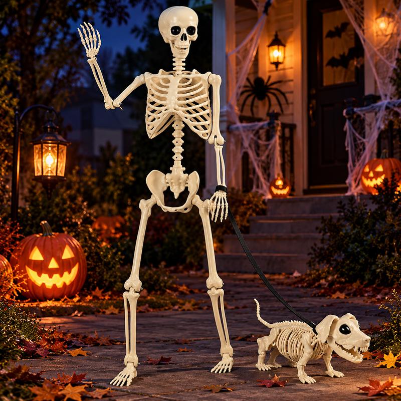 Esqueleto humano de tamaño real de 160cm con perro esqueleto para decoración de Halloween en jardín o casa