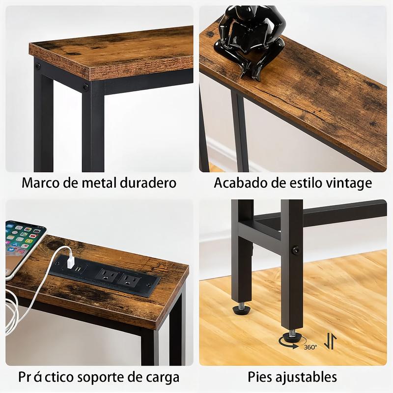 Mesa de consola estrecha de 200 cm, con salida, Mesa de sofá, Mesa de sofá detrás, Mesa de entrada larga con estación de carga, para Sala de estar 2 piezas
