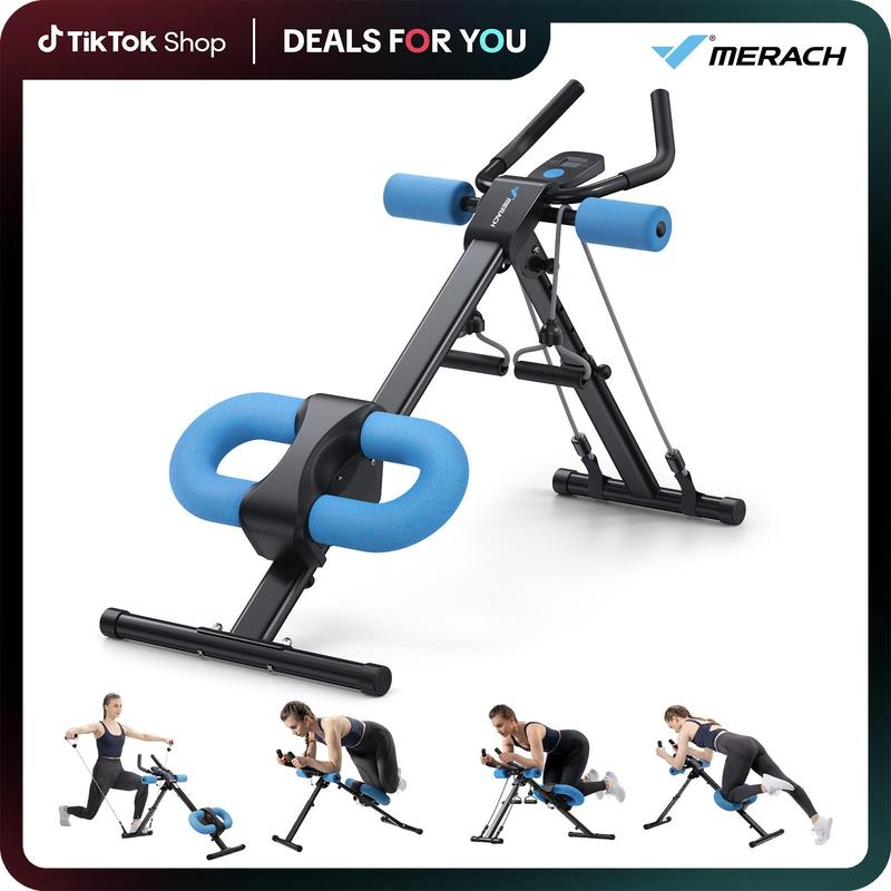 MERACH Máquina Entrenadora Abdominal Ajustable con Monitor LCD, Ejercicio Plegable para Núcleo, Brazos, Piernas y Glúteos, Acero Premium, 5 Niveles de Ajuste, Seguimiento Automático, 440 Libras Capacidad
