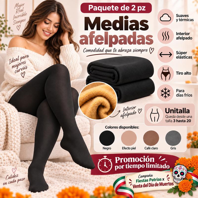 Paquete de 2 Medias Afelpadas para Mujer, Efecto Piel, Súper Elásticas y Térmicas, 3 Colores Combinables, Suaves, Térmicas