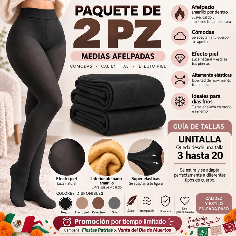 Paquete de 2 Medias Afelpadas para Mujer, Efecto Piel, Súper Elásticas y Térmicas, 3 Colores Combinables, Suaves, Térmicas