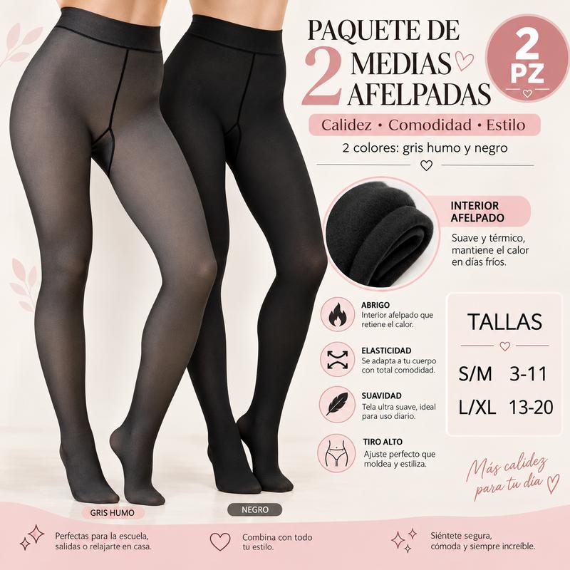 Paquete de 2 Medias Afelpadas para Mujer, Efecto Piel, Súper Elásticas y Térmicas, 3 Colores Combinables, Suaves, Térmicas