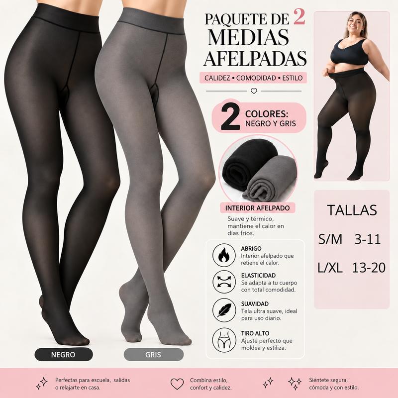 Paquete de 2 Medias Afelpadas para Mujer, Efecto Piel, Súper Elásticas y Térmicas, 3 Colores Combinables, Suaves, Térmicas