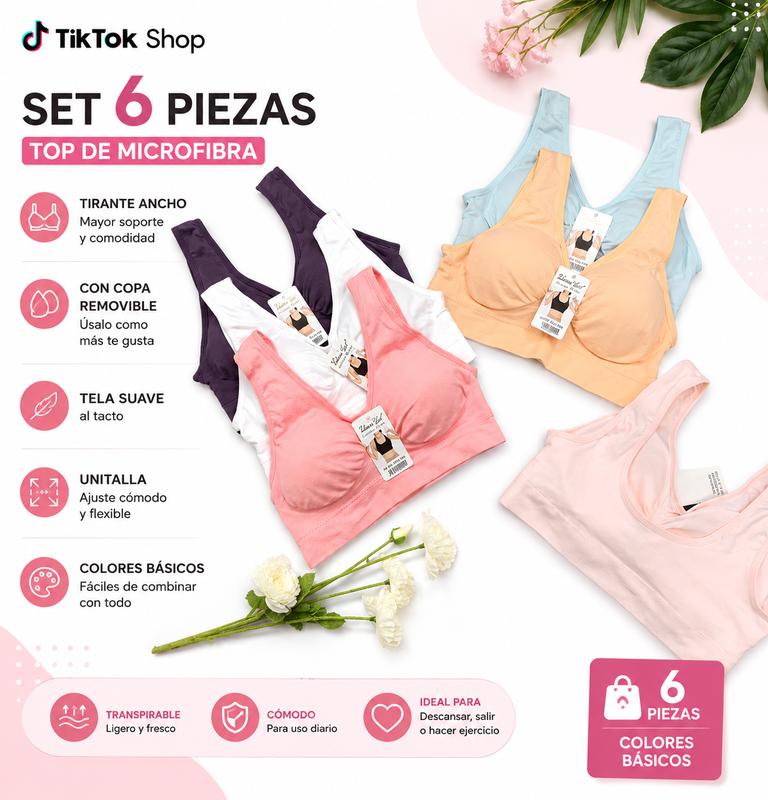 Set 6 piezas, top unitalla para dama, tirante ancho, microfibra de alta calidad, con copa removible, tela suave al tacto, transpirable.