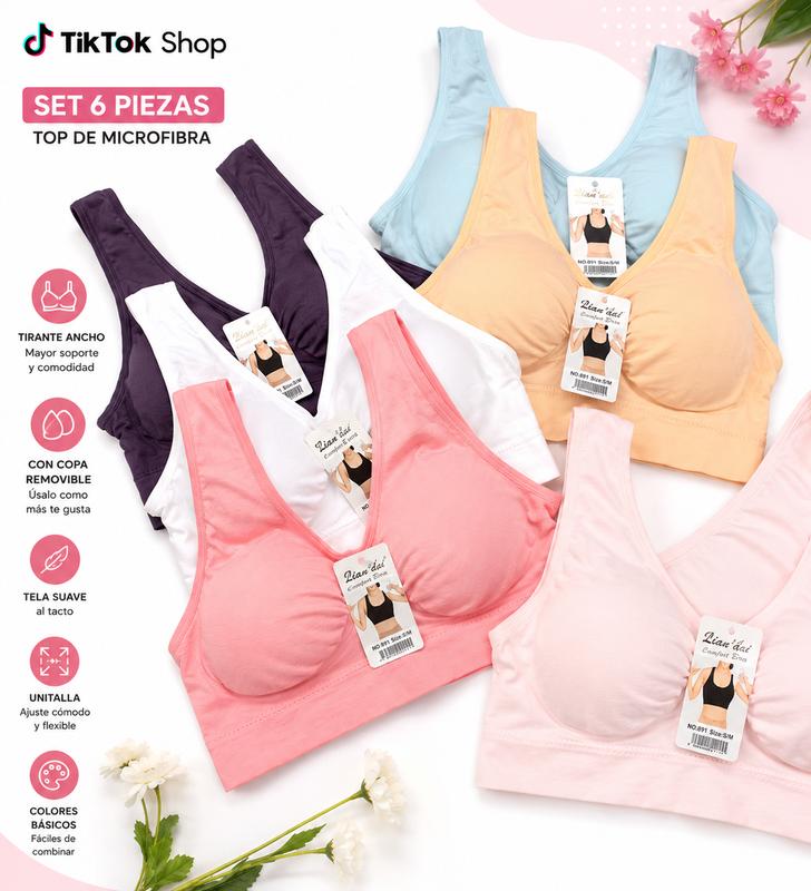 Set 6 piezas, top unitalla para dama, tirante ancho, microfibra de alta calidad, con copa removible, tela suave al tacto, transpirable.