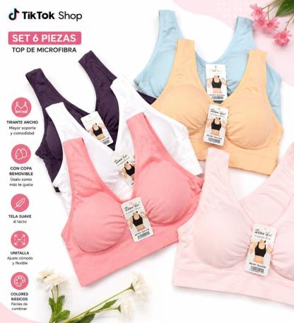 Set 6 piezas, top unitalla para dama, tirante ancho, microfibra de alta calidad, con copa removible, tela suave al tacto, transpirable.