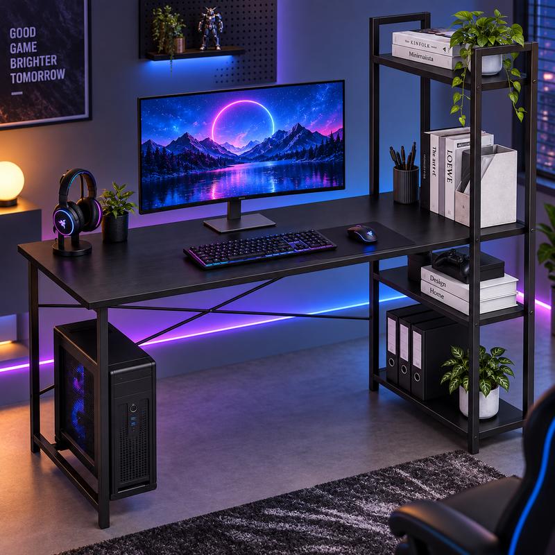 Escritorio para Computadora con Estantería Lateral Integrada, Mesa de Oficina con Amplio Espacio de Trabajo y Estructura Metálica, Estilo Rústico para Hogar, Estudio y Gaming