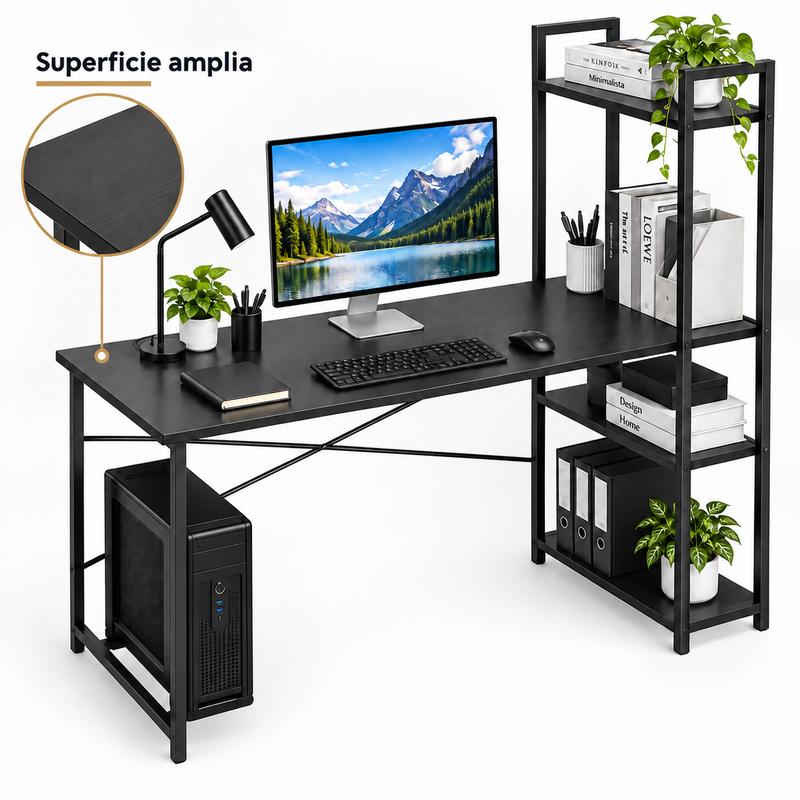 Escritorio para Computadora con Estantería Lateral Integrada, Mesa de Oficina con Amplio Espacio de Trabajo y Estructura Metálica, Estilo Rústico para Hogar, Estudio y Gaming
