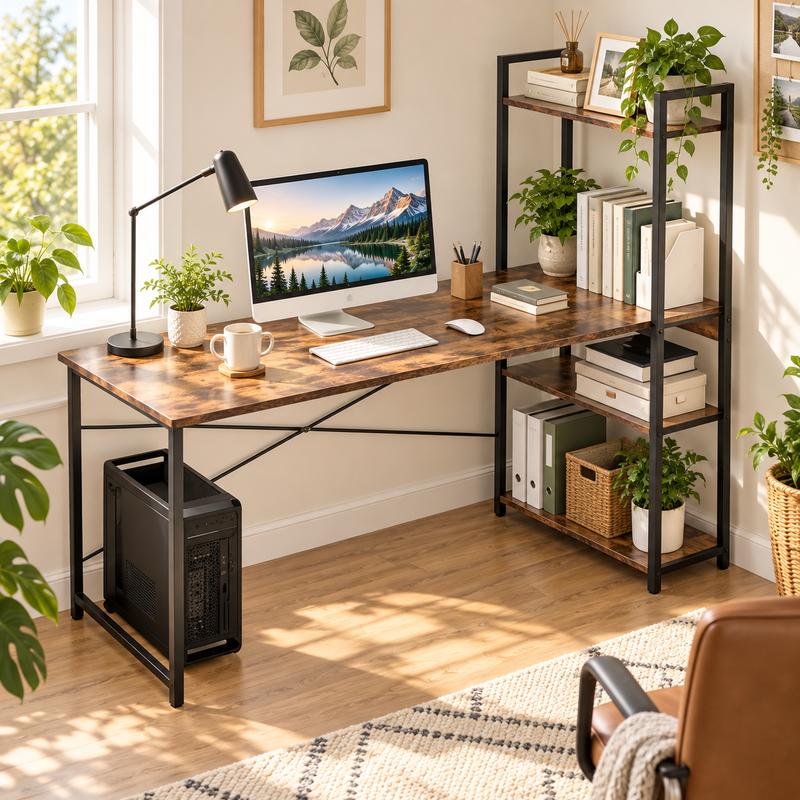 Escritorio para Computadora con Estantería Lateral Integrada, Mesa de Oficina con Amplio Espacio de Trabajo y Estructura Metálica, Estilo Rústico para Hogar, Estudio y Gaming