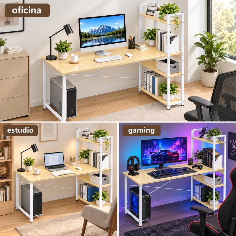 Escritorio para Computadora con Estantería Lateral Integrada, Mesa de Oficina con Amplio Espacio de Trabajo y Estructura Metálica, Estilo Rústico para Hogar, Estudio y Gaming