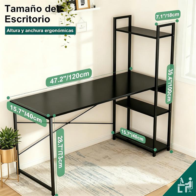 Escritorio para Computadora con Estantería Lateral Integrada, Mesa de Oficina con Amplio Espacio de Trabajo y Estructura Metálica, Estilo Rústico para Hogar, Estudio y Gaming
