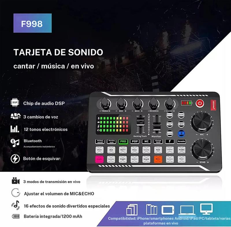 La tarjeta de sonido Safring F998 incorpora efectos de mezcla para DJ y funciones de modificación de voz, con soporte para 16 efectos y efectos de sonido ambiental; es adecuada para retransmisiones en directo, juegos, podcasts y locuciones; el paquete inc