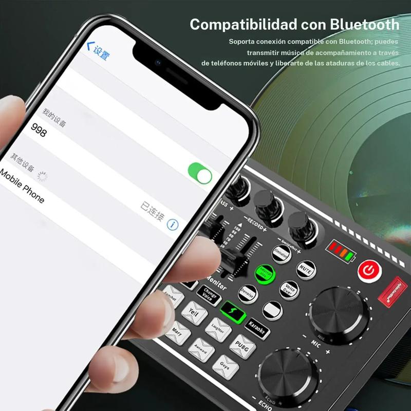 La tarjeta de sonido Safring F998 incorpora efectos de mezcla para DJ y funciones de modificación de voz, con soporte para 16 efectos y efectos de sonido ambiental; es adecuada para retransmisiones en directo, juegos, podcasts y locuciones; el paquete inc