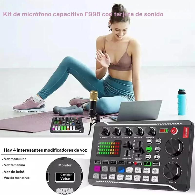 La tarjeta de sonido Safring F998 incorpora efectos de mezcla para DJ y funciones de modificación de voz, con soporte para 16 efectos y efectos de sonido ambiental; es adecuada para retransmisiones en directo, juegos, podcasts y locuciones; el paquete inc