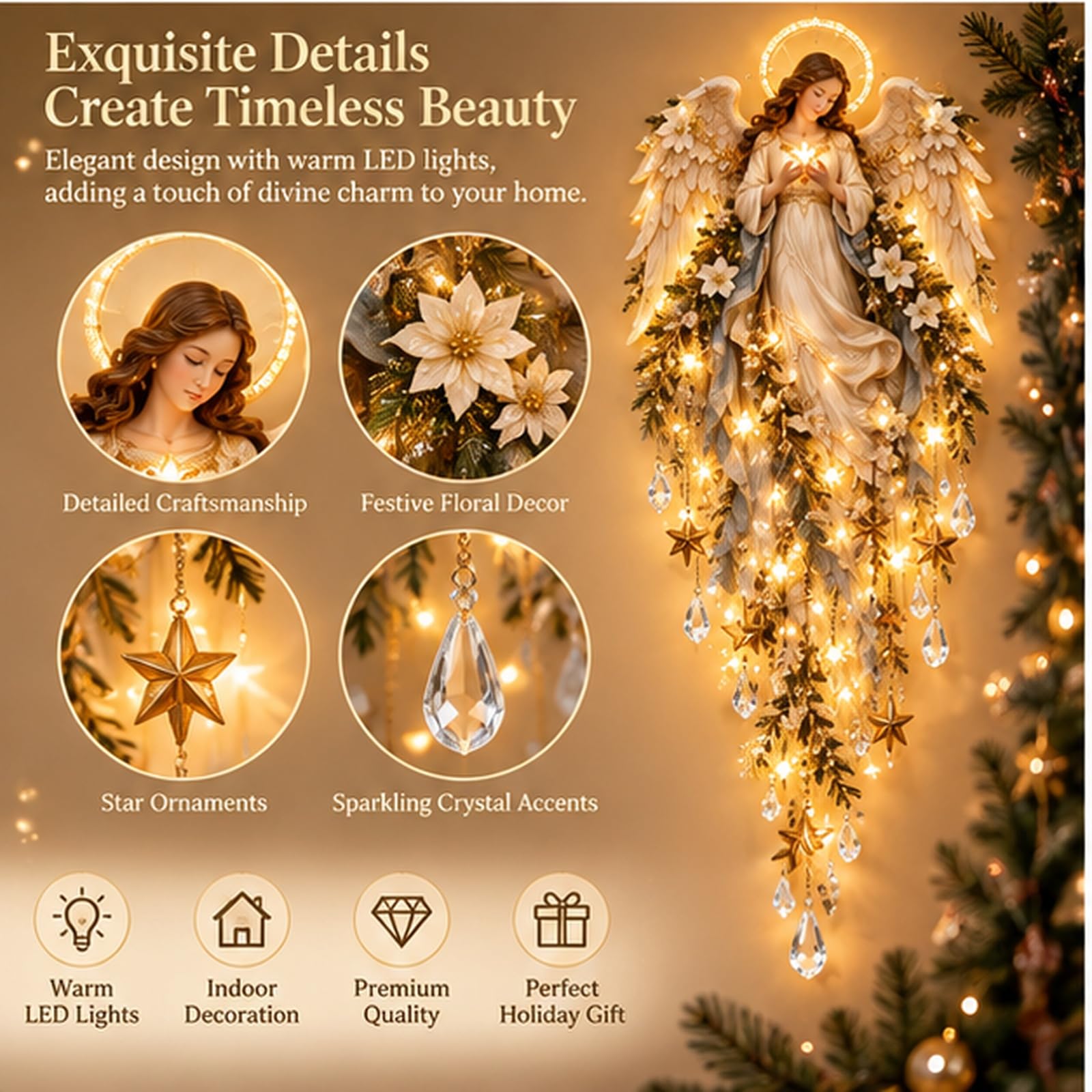 Genérico Aplique Angel Blessing, 2026 ángel navideño Starglow en Cascada con Estrellas Brillantes, decoración navideña con LED para el Dormitorio y el hogar, luz Nocturna cálida y Celestial (2pc)