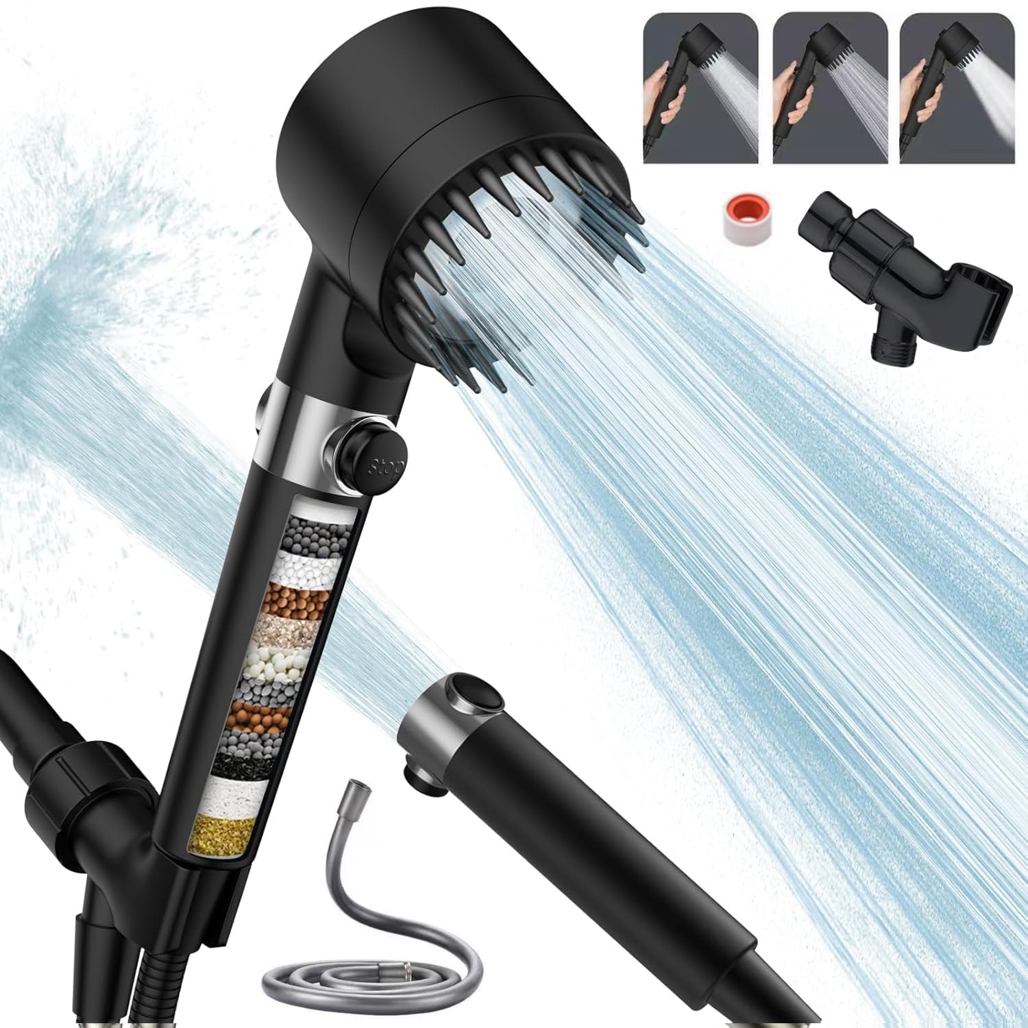 Cabezal de Ducha de Mano Con interruptor,Alta Presión Y Múltiples Modos De Pulverización,Filtro De Agua Suave De 18 Etapas,Con Manguera De 150 Cm,Cinta De Agua Y Soporte.