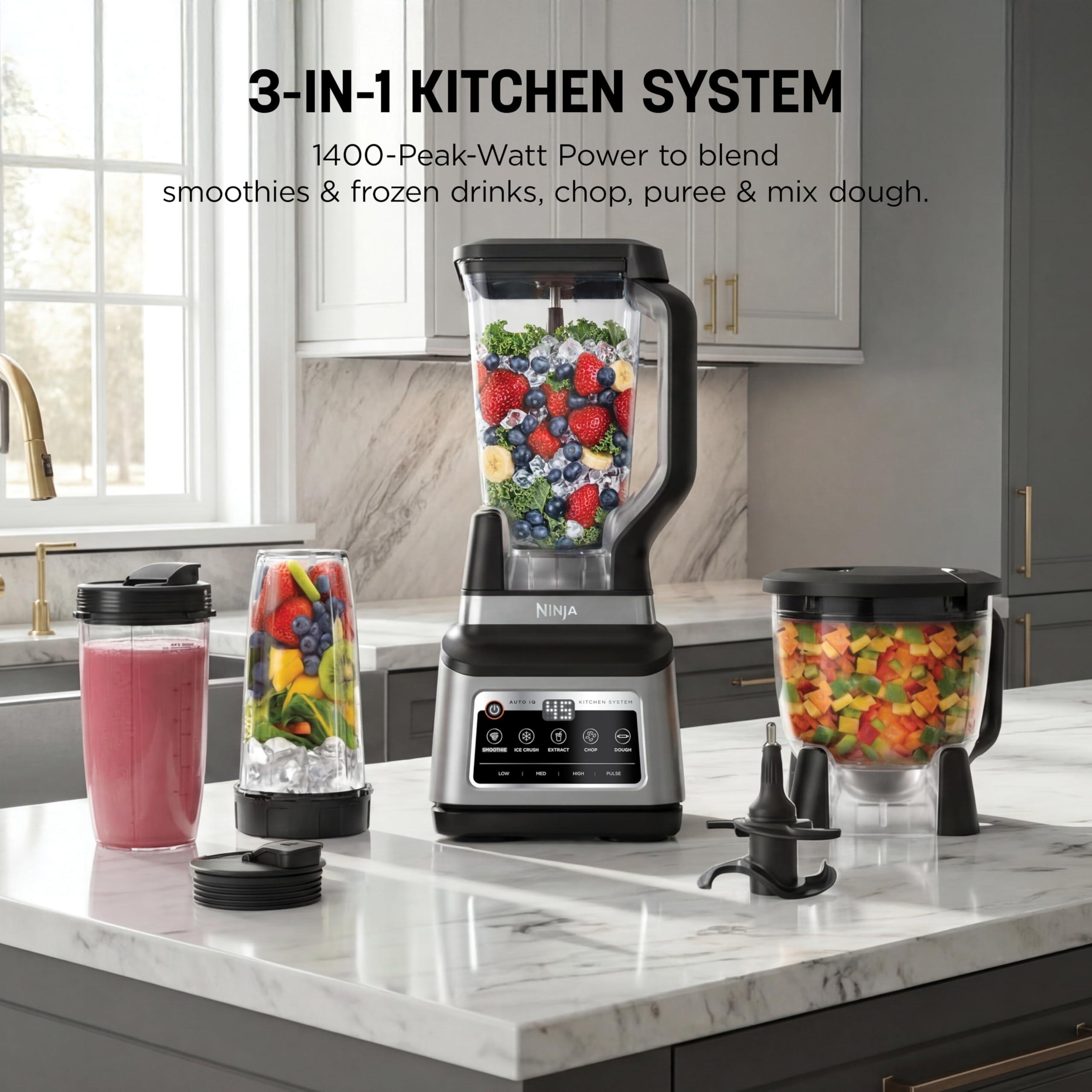 Ninja Licuadora Sistema de Cocina 1400W | Jarra 72 oz + Procesador 8 Tazas + 2 Vasos 24 oz | 5 Programas Auto-iQ | Masa, Picar, Smoothies y Frozen | Apto Lavavajillas | BN801