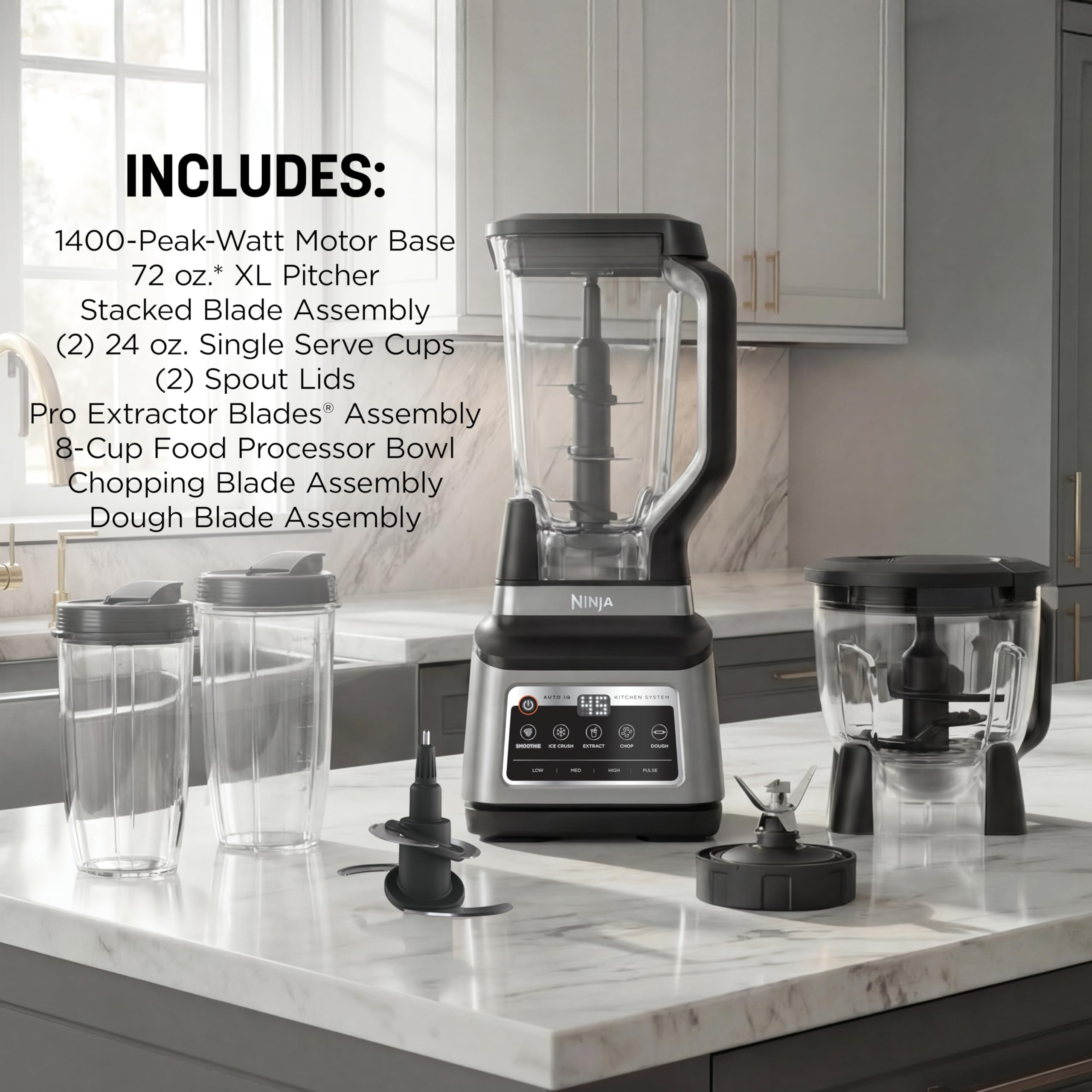 Ninja Licuadora Sistema de Cocina 1400W | Jarra 72 oz + Procesador 8 Tazas + 2 Vasos 24 oz | 5 Programas Auto-iQ | Masa, Picar, Smoothies y Frozen | Apto Lavavajillas | BN801