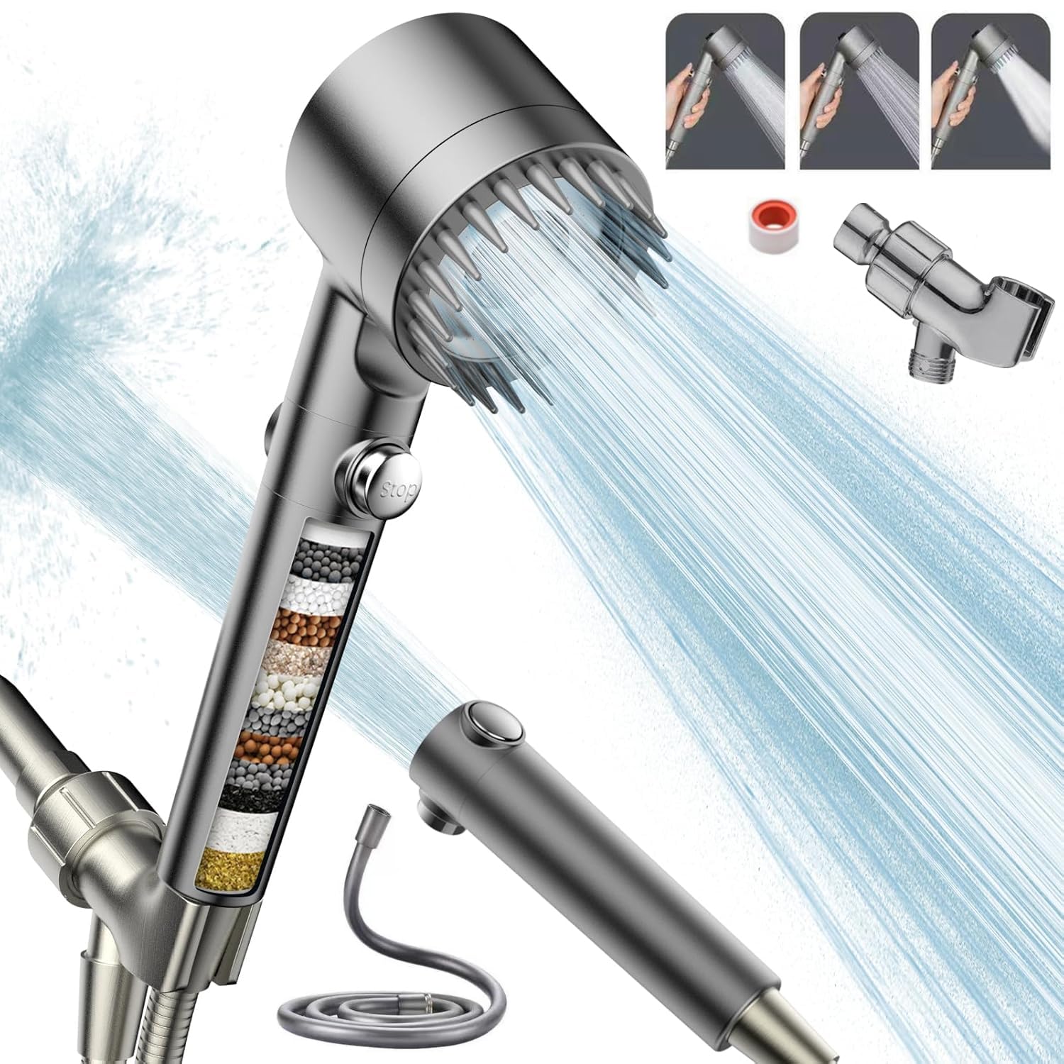 Cabezal de Ducha de Mano Con interruptor,Alta Presión Y Múltiples Modos De Pulverización,Filtro De Agua Suave De 18 Etapas,Con Manguera De 150 Cm,Cinta De Agua Y Soporte.