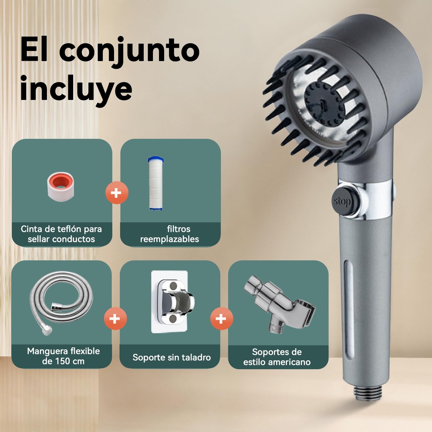 Cabezal de Ducha de Mano Con interruptor,Alta Presión Y Múltiples Modos De Pulverización,Filtro De Agua Suave De 18 Etapas,Con Manguera De 150 Cm,Cinta De Agua Y Soporte.