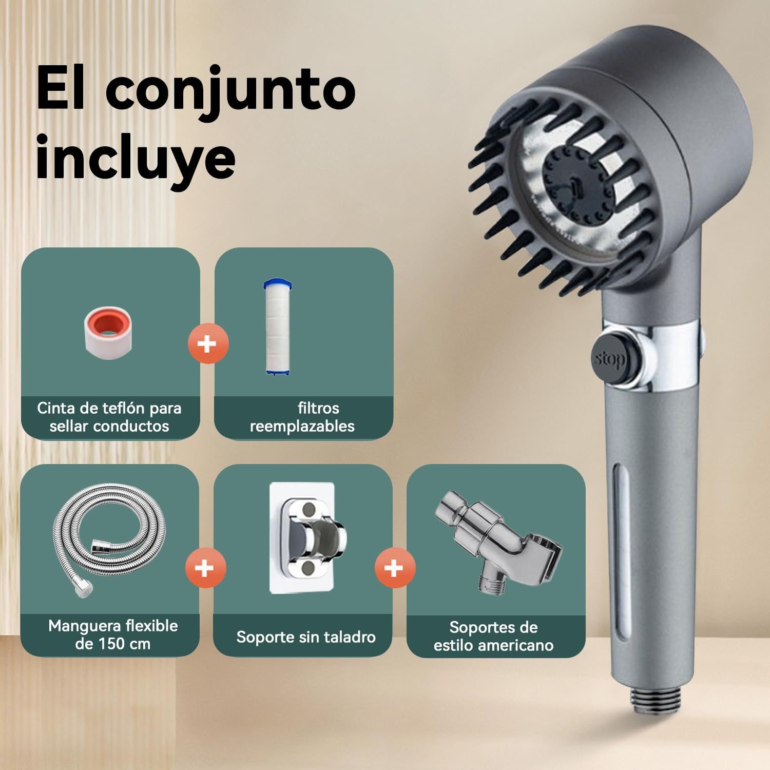 Cabezal de Ducha de Mano Con interruptor,Alta Presión Y Múltiples Modos De Pulverización,Filtro De Agua Suave De 18 Etapas,Con Manguera De 150 Cm,Cinta De Agua Y Soporte.