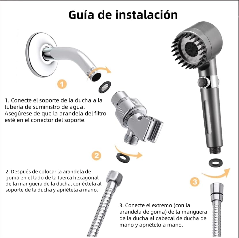 Cabezal de Ducha de Mano Con interruptor,Alta Presión Y Múltiples Modos De Pulverización,Filtro De Agua Suave De 18 Etapas,Con Manguera De 150 Cm,Cinta De Agua Y Soporte.