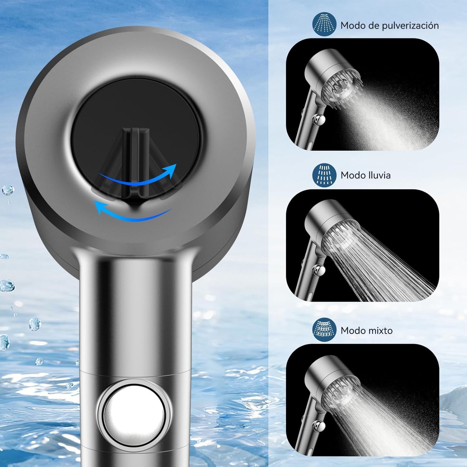 Cabezal de Ducha de Mano Con interruptor,Alta Presión Y Múltiples Modos De Pulverización,Filtro De Agua Suave De 18 Etapas,Con Manguera De 150 Cm,Cinta De Agua Y Soporte.