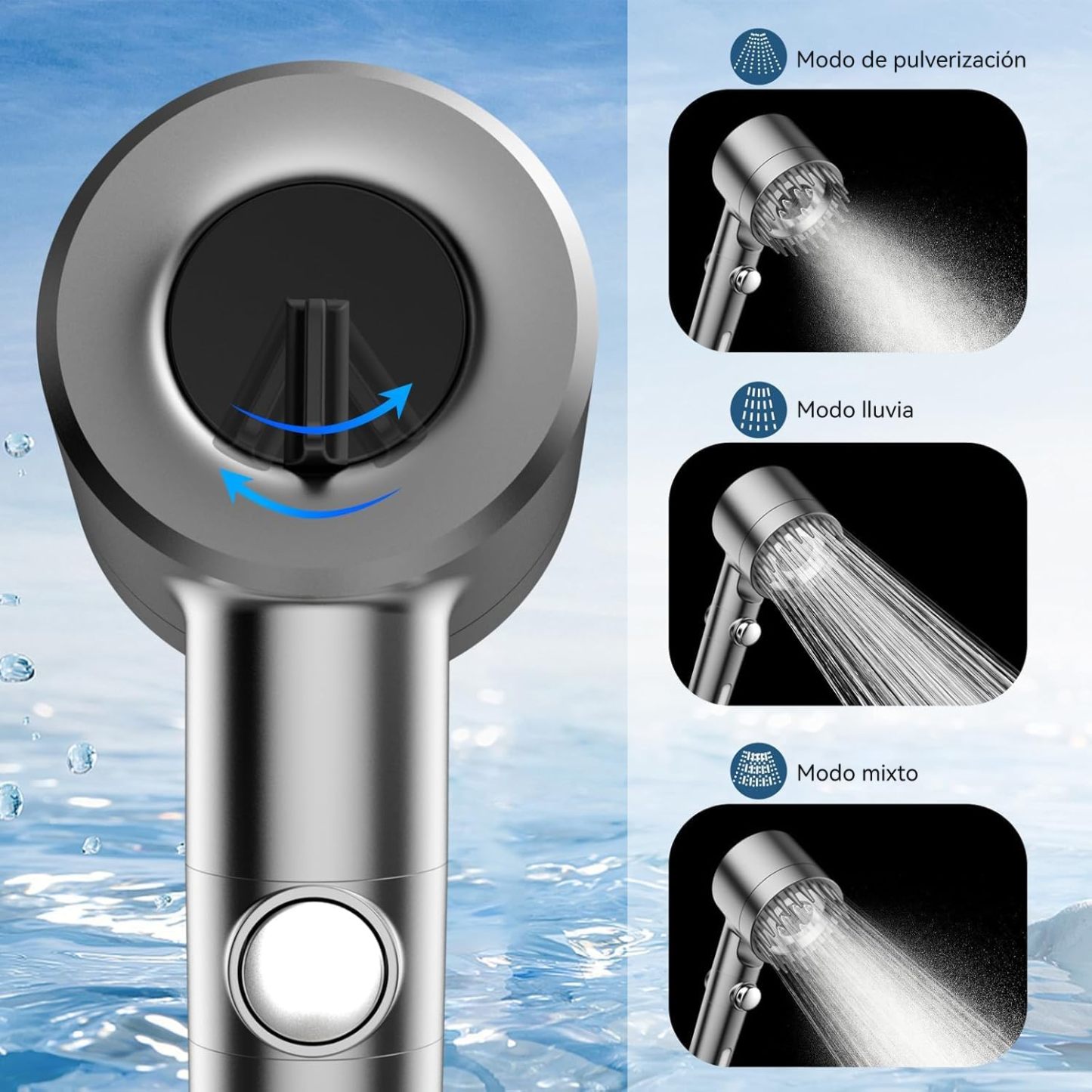 Cabezal de Ducha de Mano Con interruptor,Alta Presión Y Múltiples Modos De Pulverización,Filtro De Agua Suave De 18 Etapas,Con Manguera De 150 Cm,Cinta De Agua Y Soporte.