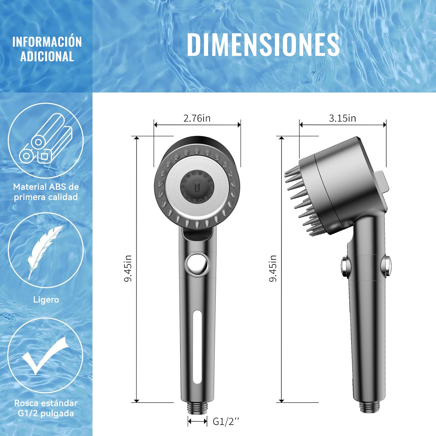 Cabezal de Ducha de Mano Con interruptor,Alta Presión Y Múltiples Modos De Pulverización,Filtro De Agua Suave De 18 Etapas,Con Manguera De 150 Cm,Cinta De Agua Y Soporte.