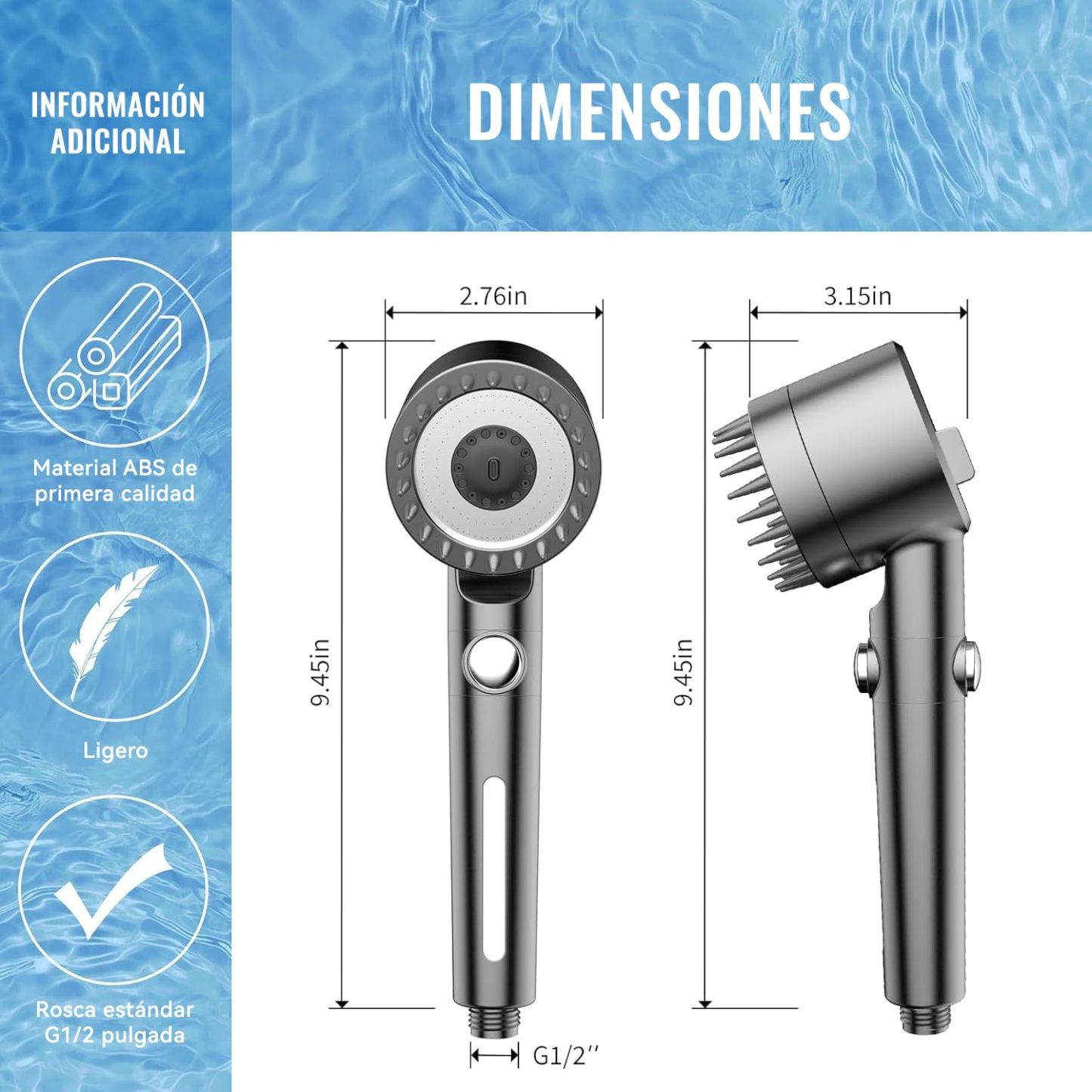 Cabezal de Ducha de Mano Con interruptor,Alta Presión Y Múltiples Modos De Pulverización,Filtro De Agua Suave De 18 Etapas,Con Manguera De 150 Cm,Cinta De Agua Y Soporte.