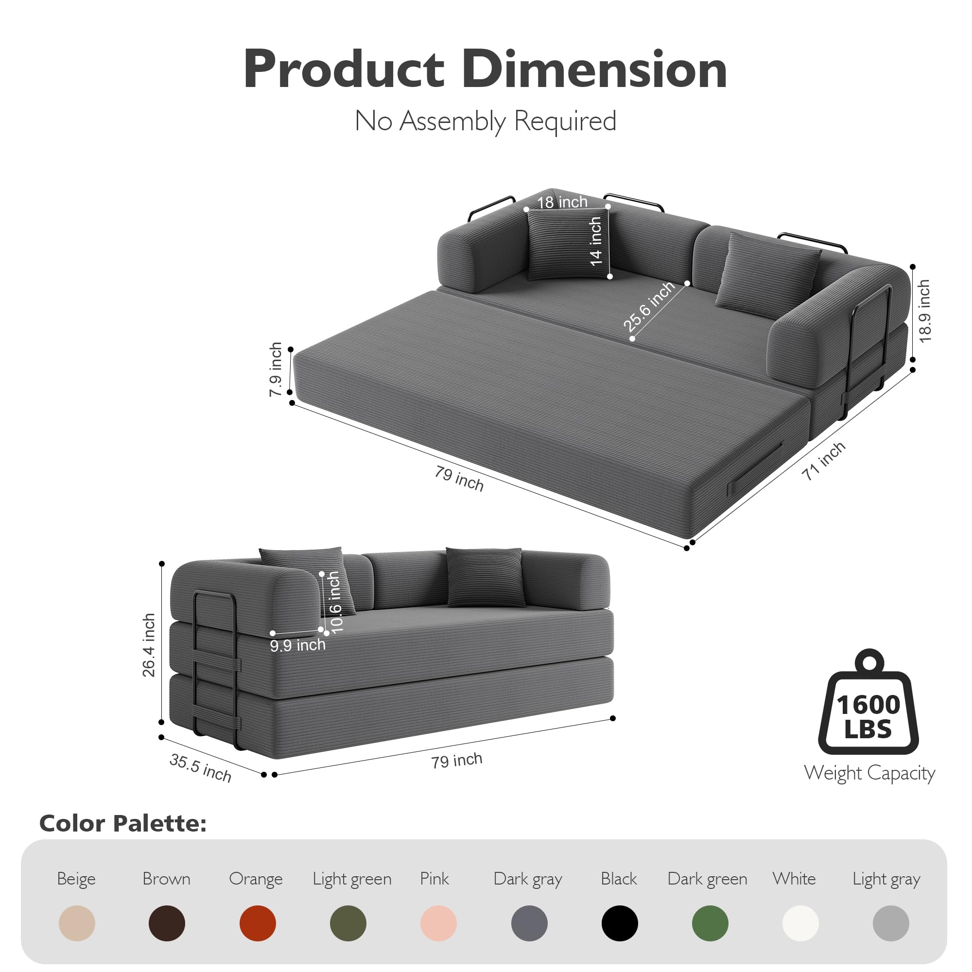 Sofá cama convertible 5 en 1 de 79 pulgadas, de pana sin hueso, con marco fijo y almohada, tumbona modular plegable para espacio pequeño, sala de estar, recámara, fácil de montar