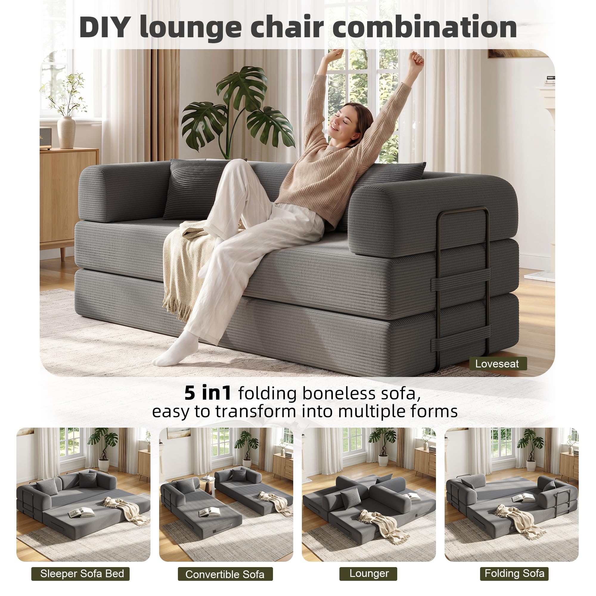 Sofá cama convertible 5 en 1 de 79 pulgadas, de pana sin hueso, con marco fijo y almohada, tumbona modular plegable para espacio pequeño, sala de estar, recámara, fácil de montar