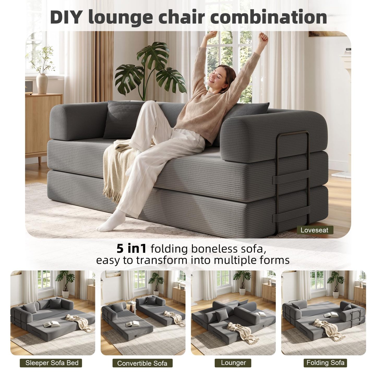 Sofá cama convertible 5 en 1 de 79 pulgadas, de pana sin hueso, con marco fijo y almohada, tumbona modular plegable para espacio pequeño, sala de estar, recámara, fácil de montar