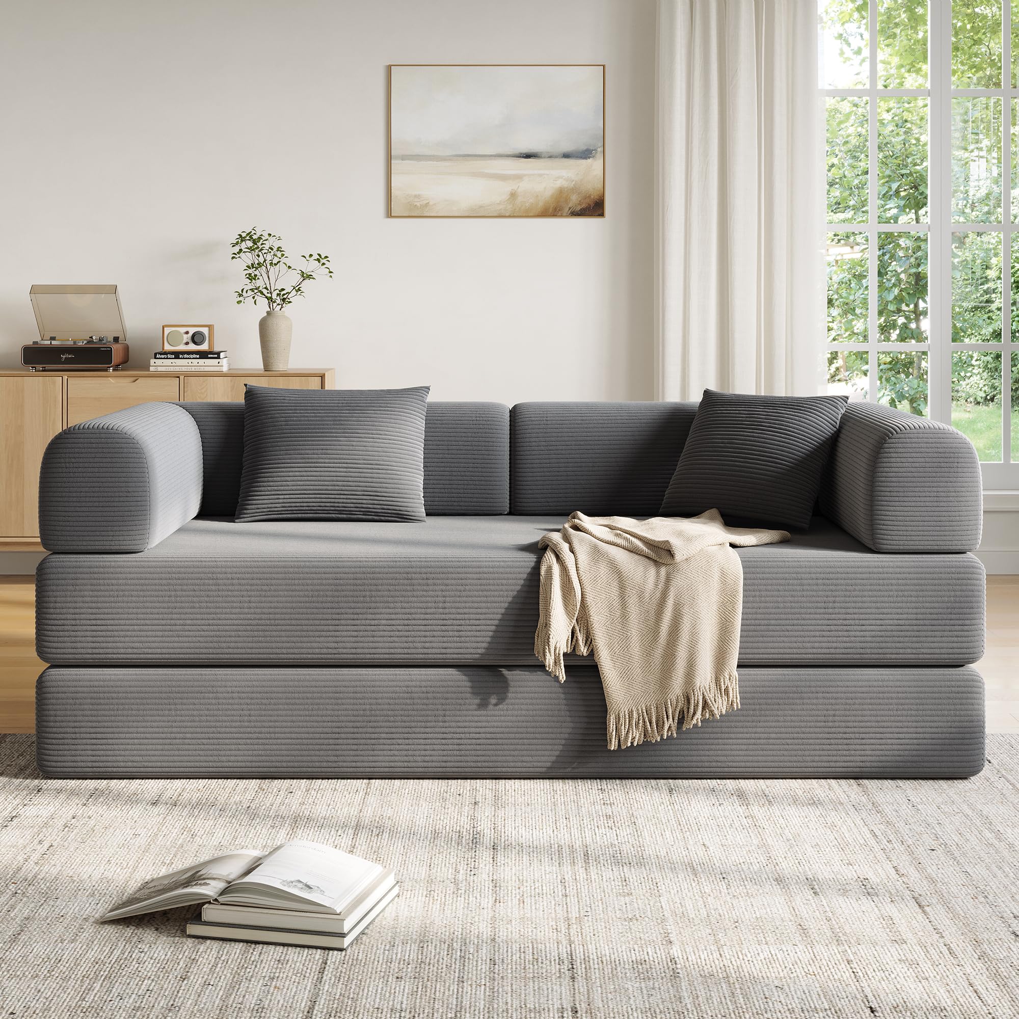 Sofá cama convertible 5 en 1 de 79 pulgadas, de pana sin hueso, con marco fijo y almohada, tumbona modular plegable para espacio pequeño, sala de estar, recámara, fácil de montar