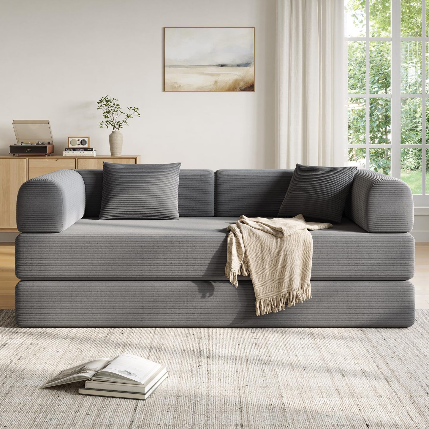 Sofá cama convertible 5 en 1 de 79 pulgadas, de pana sin hueso, con marco fijo y almohada, tumbona modular plegable para espacio pequeño, sala de estar, recámara, fácil de montar