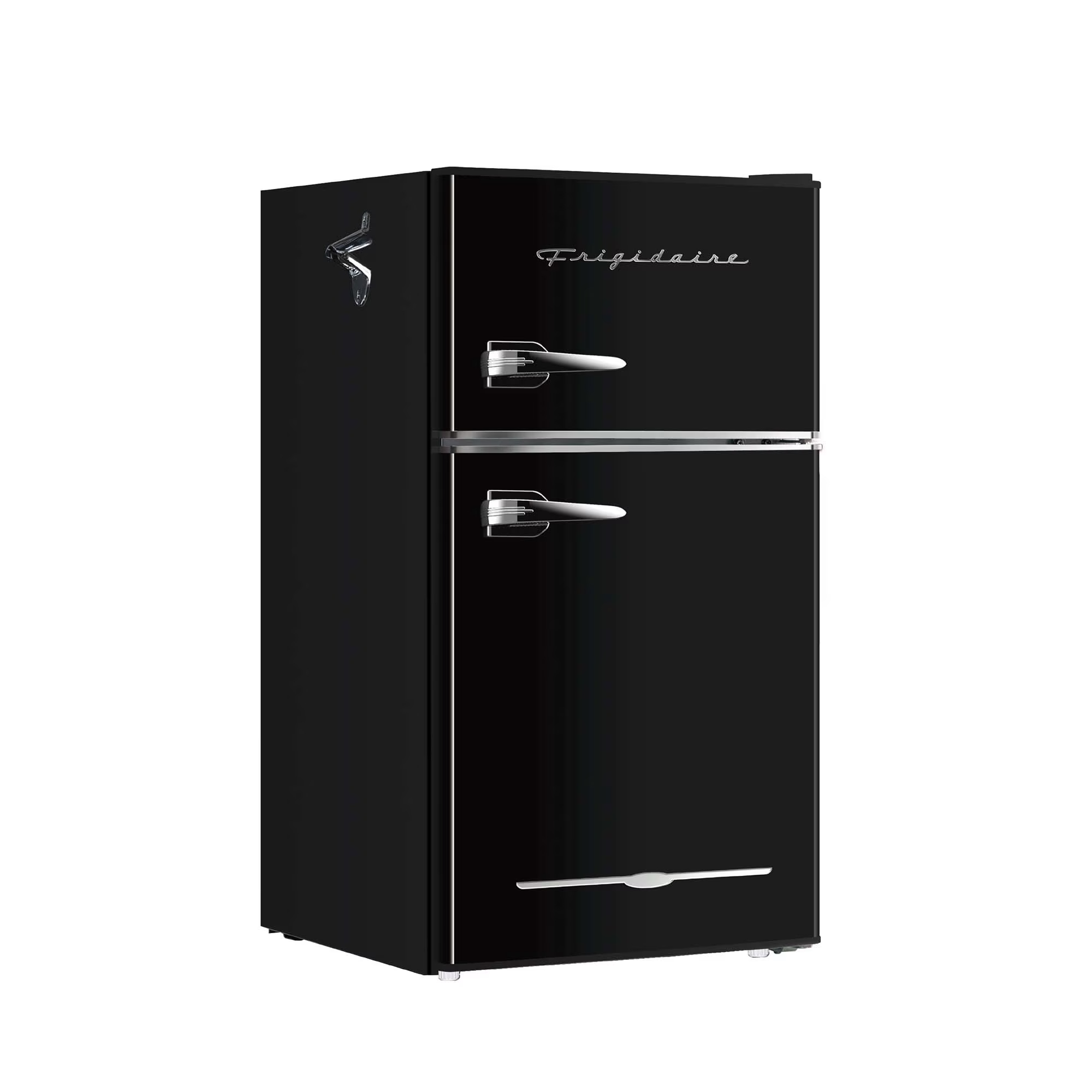Frigorífico compacto retro Frigidaire de 90 litros (3.2 pies cúbicos), 2 puertas, con congelador y abridor de botellas lateral, color negro. Mininevera compacta y elegante, ideal para dormitorios, oficinas y espacios pequeños.