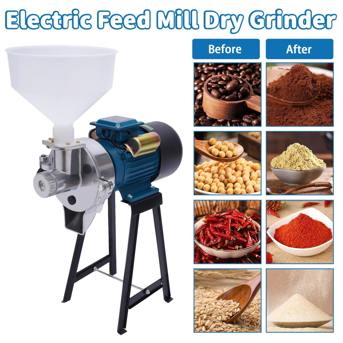 Molino eléctrico de granos 3000W – Molino comercial de maíz y especias, con embudo, ajuste de grosor, para harina, cereales y trigo, molienda seca y húmeda, de alta resistencia-1001