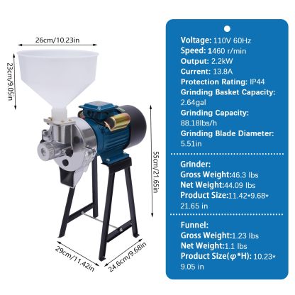 Molino eléctrico de granos 3000W – Molino comercial de maíz y especias, con embudo, ajuste de grosor, para harina, cereales y trigo, molienda seca y húmeda, de alta resistencia-1001