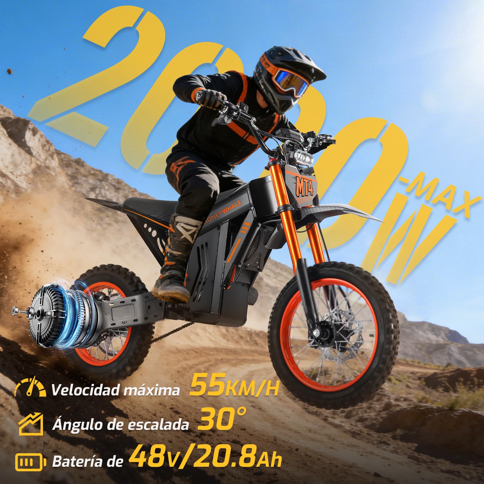 HONEYWHALE MT4 Bicicleta Electrica 2000W-55KM/H-50KM Montaña Adultos | Freno Hidráulico, Neumáticos Todoterreno 14/12", Suspensión y Diseño para Aventuras