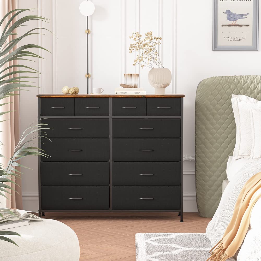 VASICAR Cómoda grande para dormitorio con 12 cajones profundos, cómoda de tela alta, cómoda para armario, guardería, sala de estar, lavandería, entrada, pasillo (negro)