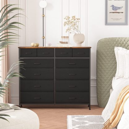 VASICAR Cómoda grande para dormitorio con 12 cajones profundos, cómoda de tela alta, cómoda para armario, guardería, sala de estar, lavandería, entrada, pasillo (negro)