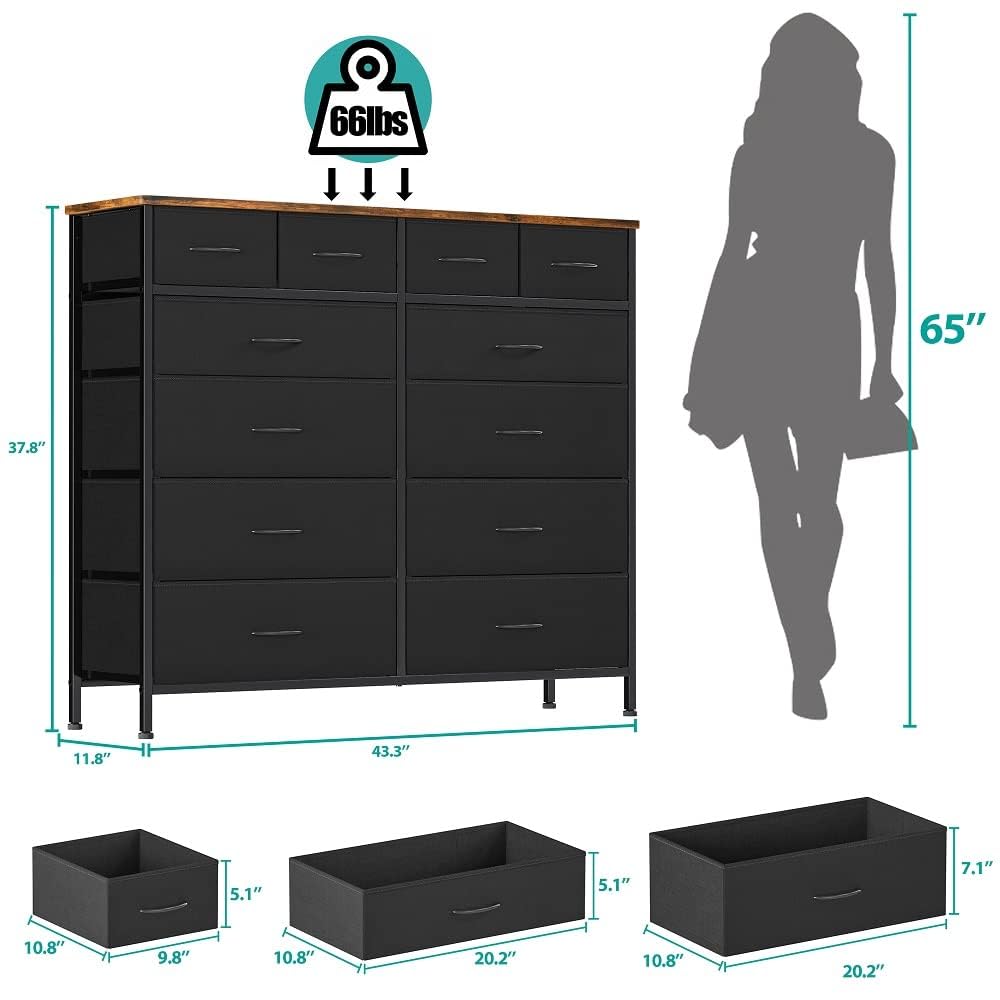 VASICAR Cómoda grande para dormitorio con 12 cajones profundos, cómoda de tela alta, cómoda para armario, guardería, sala de estar, lavandería, entrada, pasillo (negro)