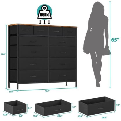 VASICAR Cómoda grande para dormitorio con 12 cajones profundos, cómoda de tela alta, cómoda para armario, guardería, sala de estar, lavandería, entrada, pasillo (negro)