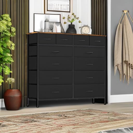 VASICAR Cómoda grande para dormitorio con 12 cajones profundos, cómoda de tela alta, cómoda para armario, guardería, sala de estar, lavandería, entrada, pasillo (negro)