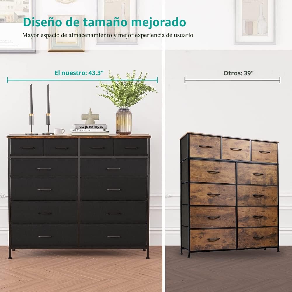 VASICAR Cómoda grande para dormitorio con 12 cajones profundos, cómoda de tela alta, cómoda para armario, guardería, sala de estar, lavandería, entrada, pasillo (negro)